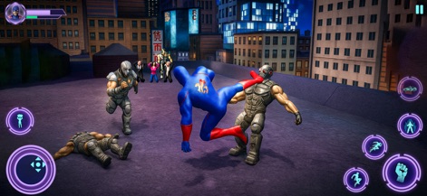 Grand Superhero Justice Sim - Witness elevated engagements as the superhero executes varied combat maneuvers against armored adversaries on a city rooftop.