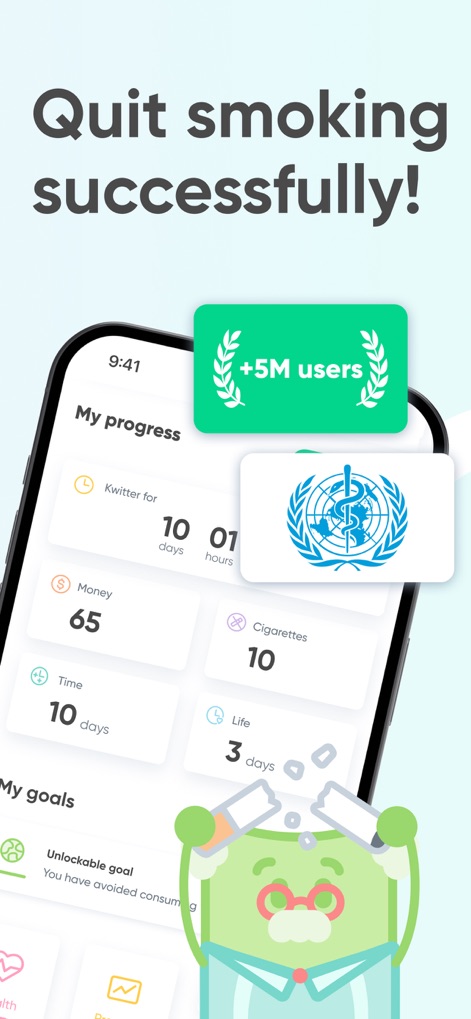 Quit smoking for good - Kwit - La aplicación muestra el progreso en tiempo real con métricas como los días sin fumar y el dinero ahorrado, destacando también el distintivo de más de 5 millones de usuarios y el logo de la OMS.