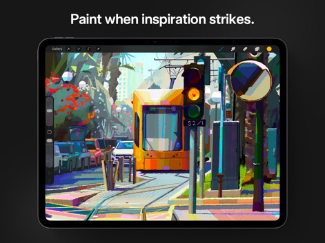 Procreate - Una escena urbana detallada con un tranvía amarillo en el centro captura la atención, destacando la capacidad de la aplicación para plasmar entornos complejos y luces ambientales realistas.