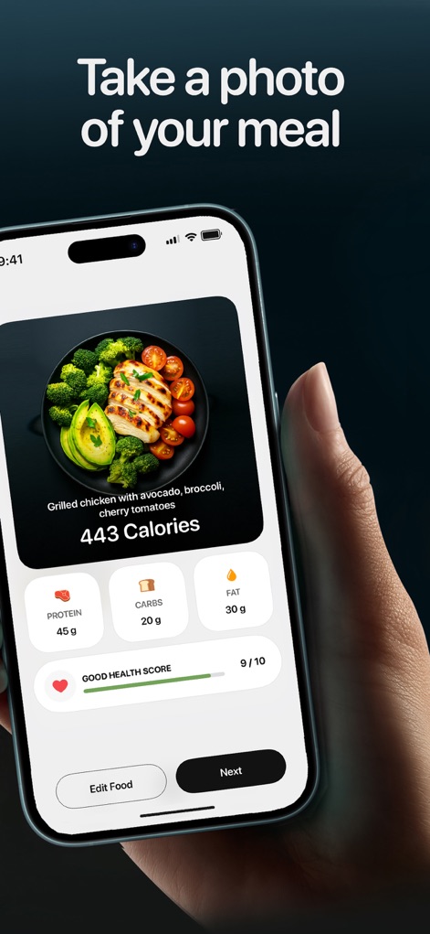 Calorie AI - Food Scan - Tras una foto, la herramienta proporciona un análisis detallado, mostrando el recuento de 443 calorías y la distribución de macronutrientes en gramos.