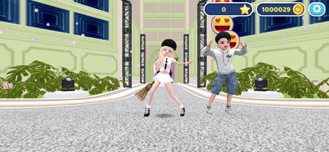 Fashion Impress: Dress Up Game - This tool enables characters to strike dynamic runway poses, showcasing their outfits on a grand stage resembling a vibrant event hall.