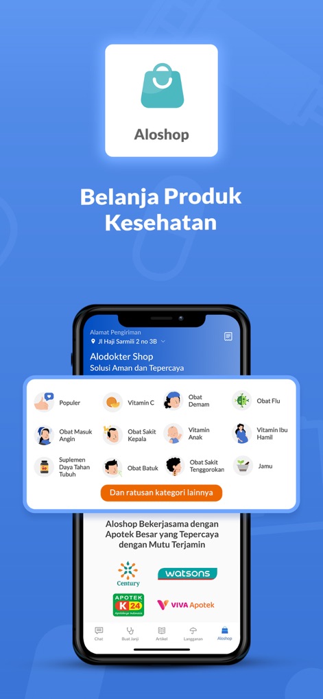 Alodokter: Chat Bersama Dokter - A funcionalidade 'Aloshop' é exibida, possibilitando aos usuários 'comprar produtos de saúde' de diversas categorias e através de 'parceiros farmacêuticos confiáveis'.