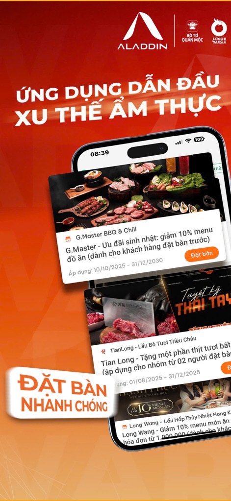 Aladdin Rewards - 本画面では、有名レストランの魅力的なプロモーションが豊富に提示され、ユーザーは「Đặt bàn」（テーブル予約）ボタンから瞬時に予約を完了できます。