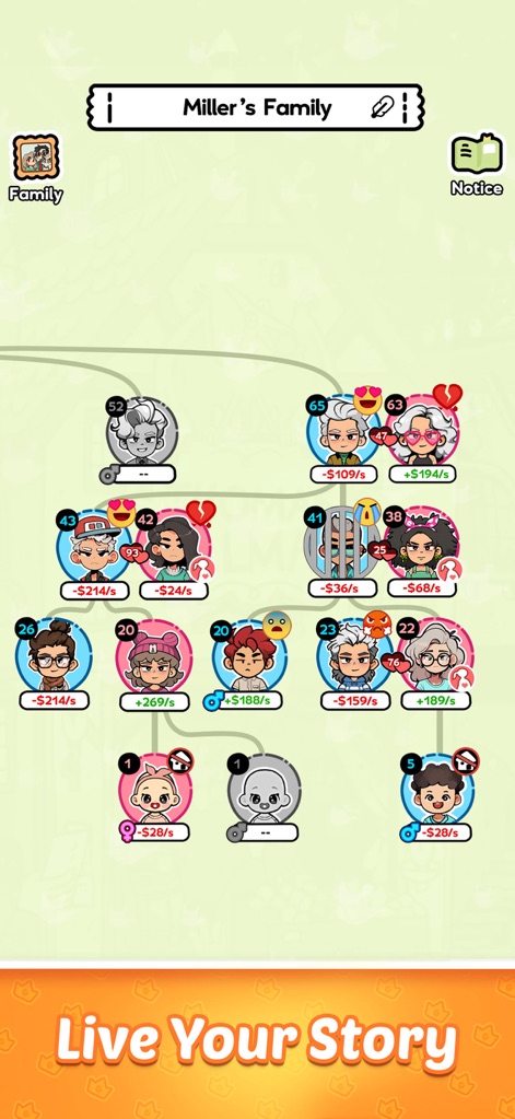 Family Go! - Lifetime Sim game - Los usuarios pueden observar la evolución de la familia a través de sus conexiones genealógicas y los indicadores de edad de cada personaje.