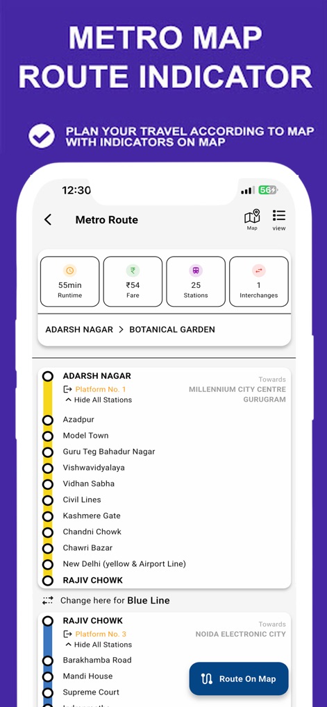 Delhi Metro Route Map and Fare - This tool offers comprehensive route details, including estimated runtime and fare, alongside a detailed breakdown of stations and interchanges for clear travel guidance.