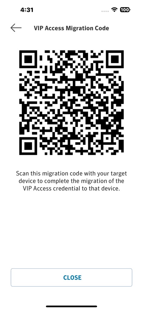 VIP Access for iPhone - This screen showcases the QR code generation feature and the instructional text guiding users through credential migration to a new device.