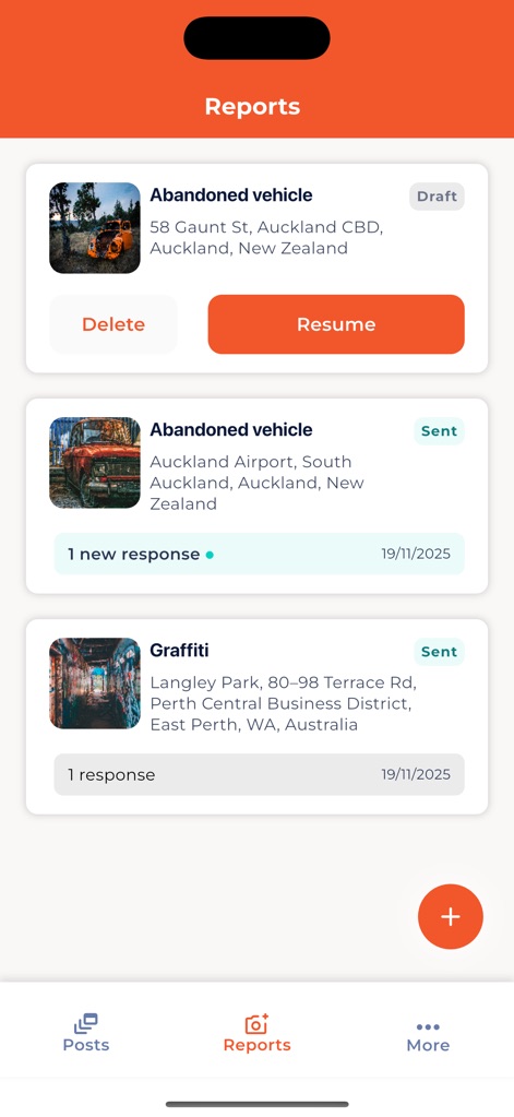 Antenno - The 'Reports' section provides an organized overview of all user-submitted issues, clearly displaying the status (e.g., 'Draft', 'Sent') and report type.