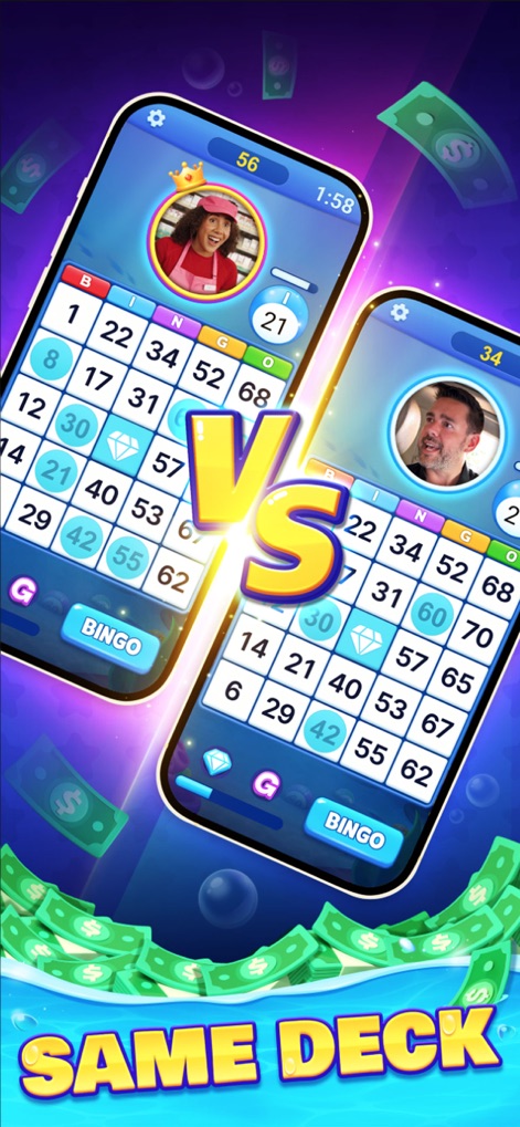 Pocket7Games: Win Cash - Witness the intense head-to-head competition between two players, both engaged in a Bingo match from the same deck to ensure fairness.