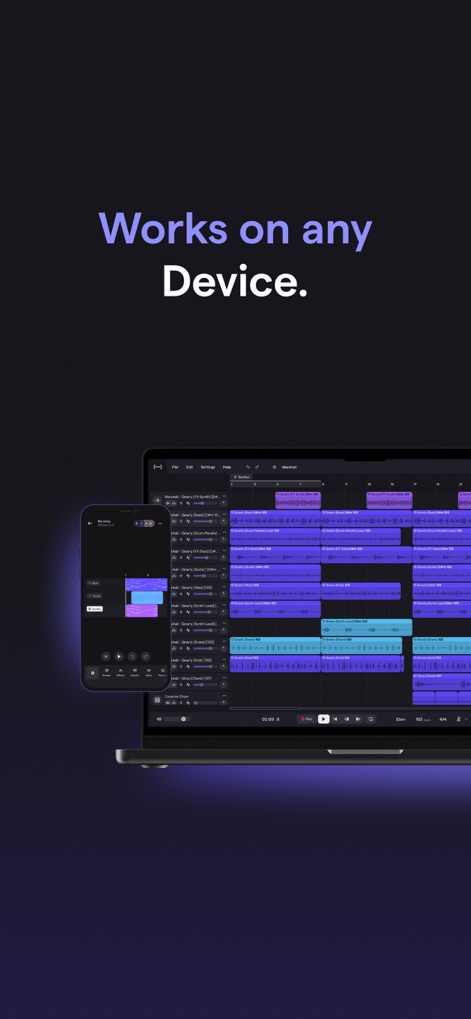 Soundtrap: Music Making Studio - Observe the seamless project synchronization between laptop and mobile interfaces, highlighting the app's versatile accessibility across devices.
