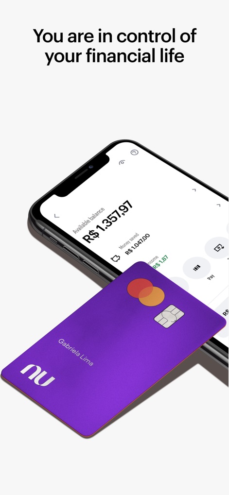 Nu - Users can appreciate the app's comprehensive financial overview, featuring the available balance and a visual representation of their digital card.