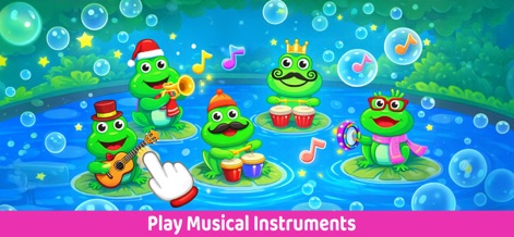 Piano Kids Music Learning Game - The app presents animated frog characters humorously playing a range of musical instruments, encouraging creative sound exploration.