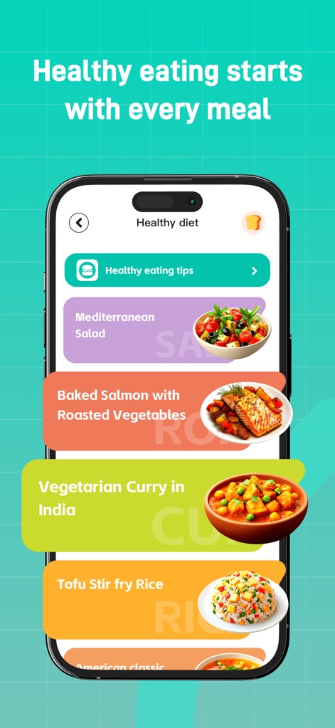 AlodBloodPressure:HealthRecord - The app offers comprehensive "Healthy diet" suggestions with diverse meal options, complemented by accessible "Healthy eating tips" for informed choices.