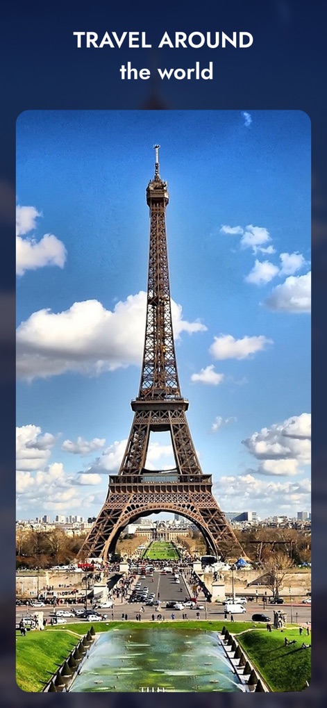 Globe 3D - Planet Earth Guide - This feature showcases iconic world landmarks, providing a visual journey to famous destinations like the Eiffel Tower, inspiring users' next exploration.