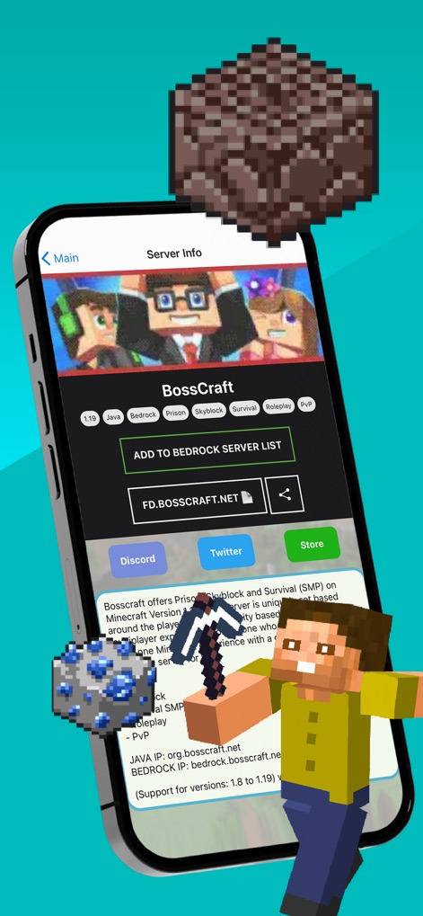 Find Diamonds!™ Minecraft Ores - A tela de informações detalha um servidor específico, apresentando os modos de jogo suportados e a versão, além de botões de ação rápida para adicionar à lista de servidores e acessar redes sociais.