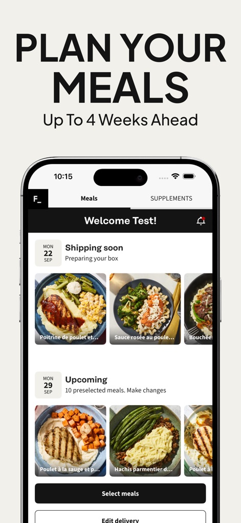 Factor_ Prepared Meal Delivery - Dieser Screenshot zeigt die intuitive Wochenübersicht, die es Nutzern ermöglicht, Mahlzeiten für „Upcoming“ Wochen im Voraus zu planen und bereits bestätigte Lieferungen unter „Shipping soon“ einzusehen.