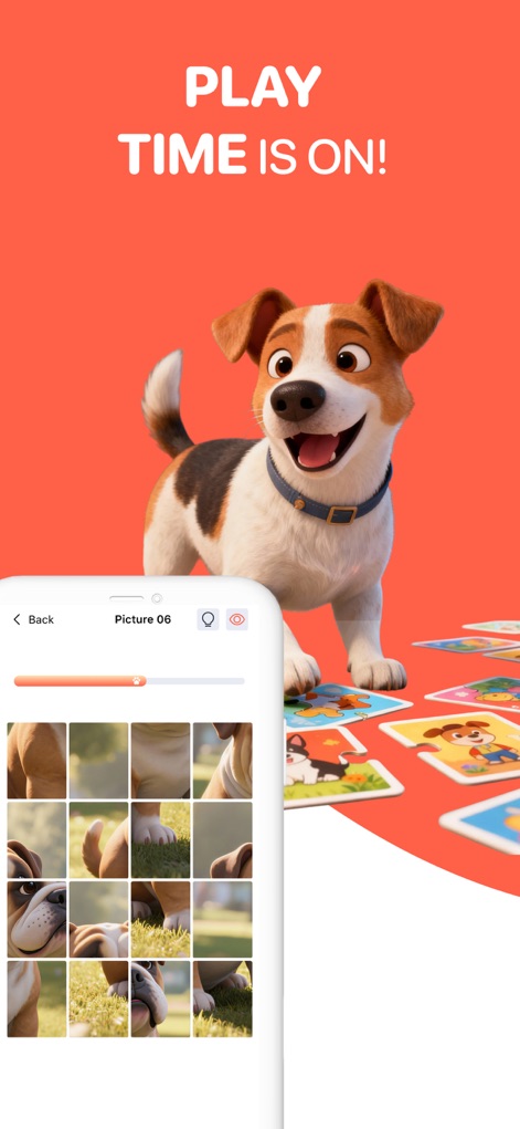 Dog Translator - Dog Talk - La pantalla muestra un juego de rompecabezas con múltiples piezas de imágenes de perros, ofreciendo entretenimiento, y el perro animado en el fondo añade un toque lúdico al tiempo de juego.