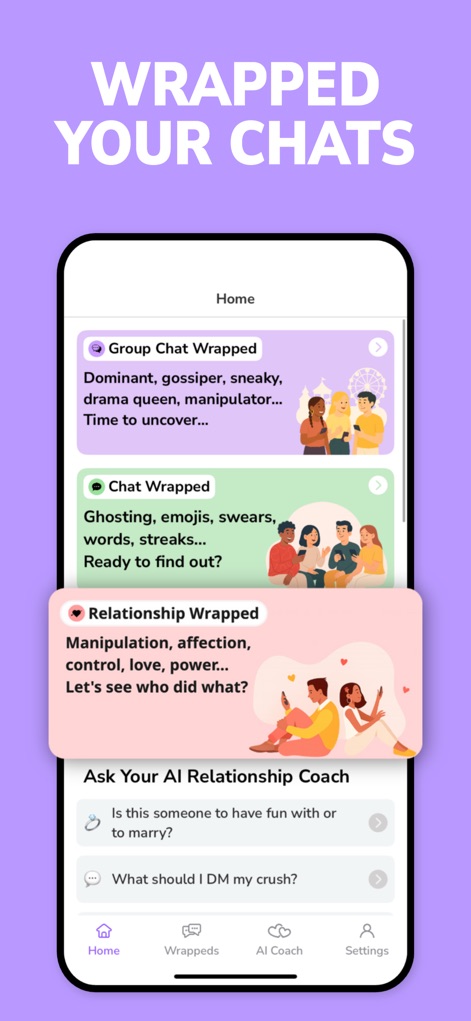 NARYA: Wrapped & AI Coach - La interfaz principal ofrece un vistazo rápido a los resúmenes de "Group Chat Wrapped" y "Relationship Wrapped", permitiendo a los usuarios navegar fácilmente entre los análisis individuales y grupales.