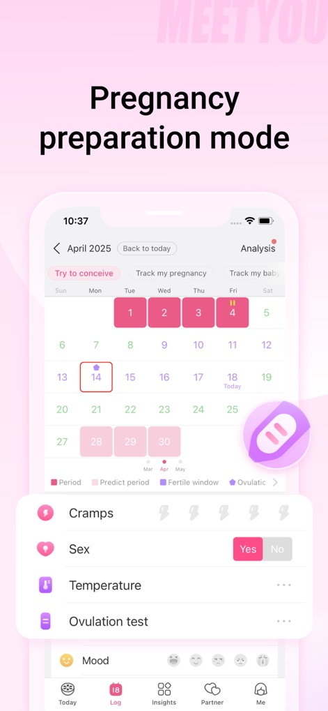 MeetYou - Period Tracker - No modo de preparação para gravidez, o aplicativo oferece um 'calendário de fertilidade otimizado' e 'opções detalhadas de registro', como testes de ovulação e temperatura basal.