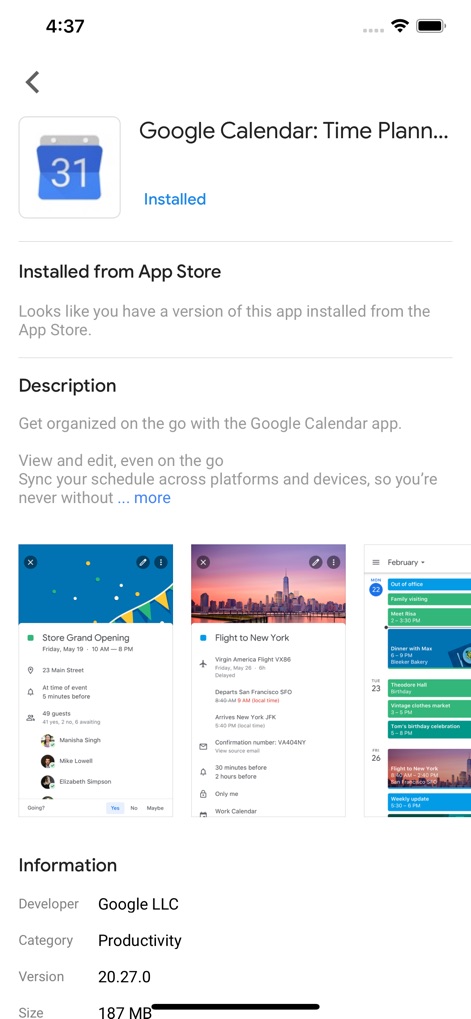 Google Device Policy - This screen provides comprehensive details about specific applications like Google Calendar, including its description and multiple visual previews of its functionality and interface.