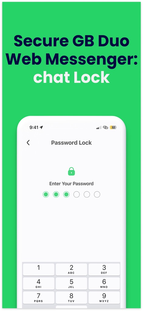 Gb Dual Messenger・Duo Web Chat - この画面では、個別のチャットやアプリ全体へのアクセスを制限するパスワード入力フィールドと、「Secure GB Duo Web Messenger: chat Lock」という、ユーザーのプライバシー保護を目的としたセキュリティ機能が示されています。
