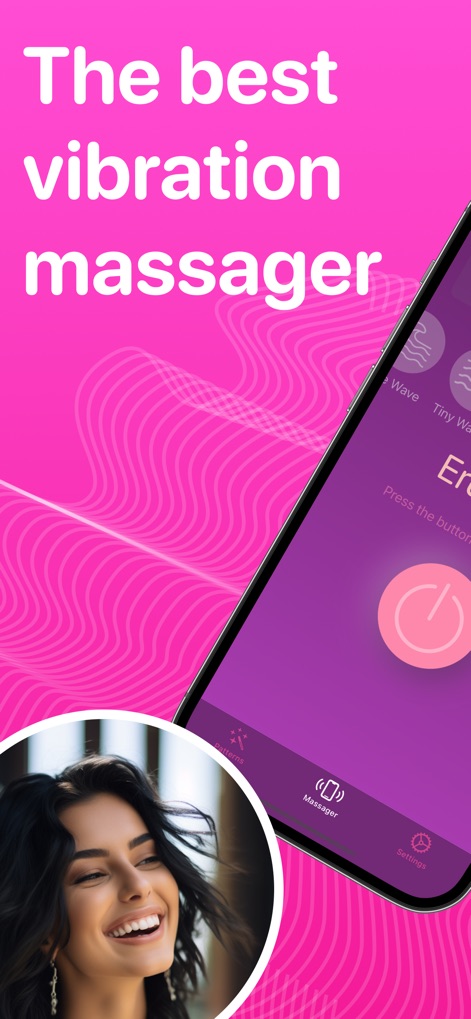 Vibrator App: Strong Massager - Observe the app's clean bottom navigation bar, featuring 'Patterns,' 'Massager,' and 'Settings,' alongside the prominent one-touch power button for effortless activation.