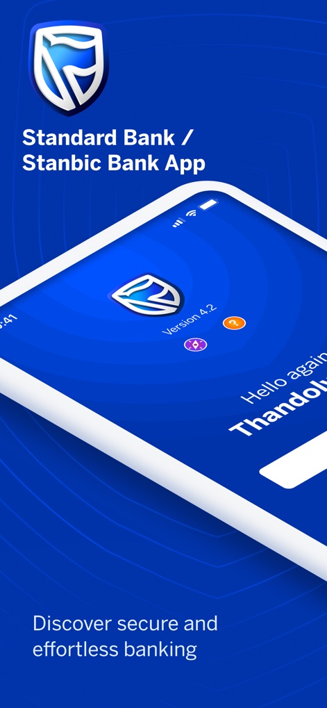 Standard Bank / Stanbic Bank - The app's initial screen highlights its branding and promises secure, effortless banking, featuring a personalized greeting for users.