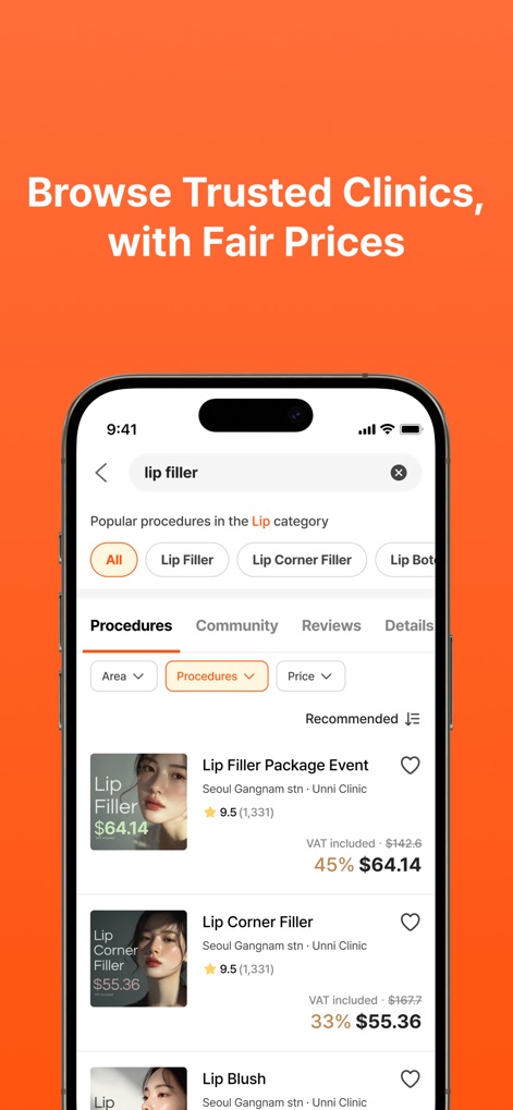 UNNI: Glow up in Korea - Os usuários podem navegar por uma vasta seleção de procedimentos, visualizando preços promocionais para opções como 'Lip Filler Package Event' e classificações por estrelas para avaliar a qualidade dos serviços.