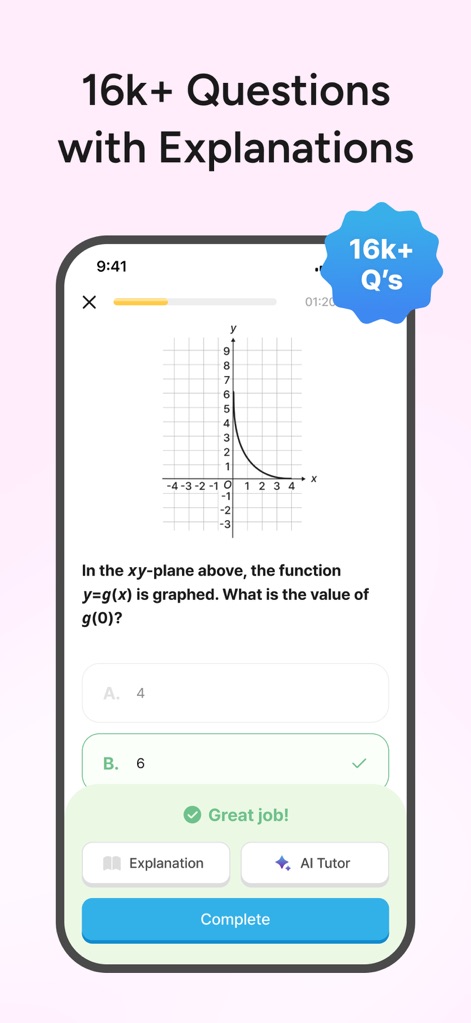 TestGenie: Digital SAT Prep - Esta interfaz muestra la profundidad del banco de preguntas, con un problema de matemáticas que incluye un "gráfico" y la opción de acceder a un "AI Tutor" para asistencia personalizada.