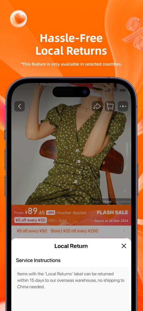 Taobao - Online Shopping App - This screen illustrates the 'Hassle-Free Local Returns' policy, detailing 'Service Instructions' within a clear pop-up on a product detail page.