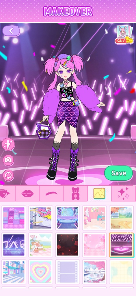 Sparkle Style: Fashion Design - Observe the app's comprehensive 'Makeover' functionality, allowing users to transform characters with bold fashion choices and select an impactful performance stage as a backdrop.
