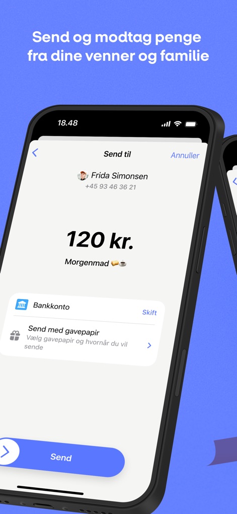 MobilePay - Users can effortlessly send money to contacts, clearly displaying the recipient's name and amount, with an intuitive option to send digital gift-wrapped payments.