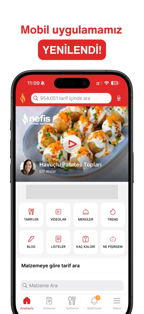 Nefis Yemek Tarifleri - L'application présente une page d'accueil moderne avec une vidéo de recette mise en avant et des icônes de catégories claires pour une navigation aisée.