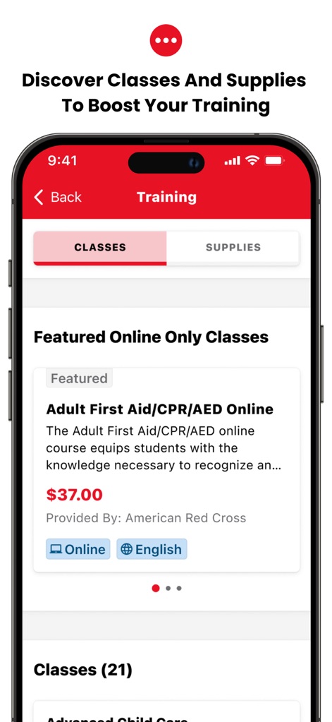First Aid: American Red Cross - La aplicación facilita el desarrollo de habilidades mediante sus pestañas 'CLASSES' y 'SUPPLIES', mostrando una tarjeta de clase destacada que detalla cursos como 'Adult First Aid/CPR/AED Online'.