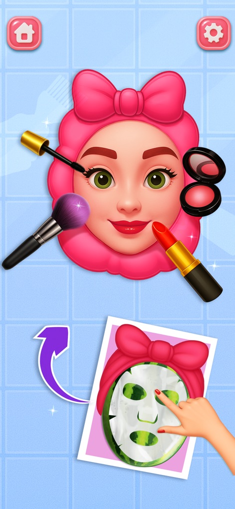 ASMR Makeover: Skincare Games - The app showcases the transformation process, applying vibrant lipstick and eyeshadow with professional makeup brushes, alongside a hydrating face mask.