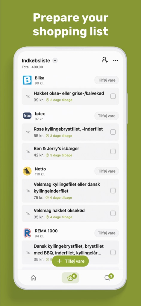 eTilbudsavis - Users can efficiently build and manage their shopping list, benefiting from an organized display of items and a clear total price summary.