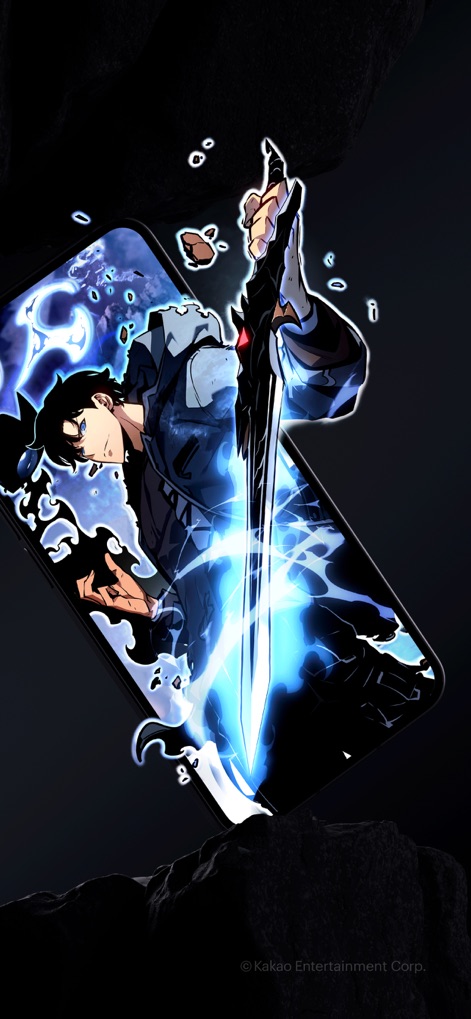 KakaoPage - The app showcases its visually stunning content through a dynamic character illustration appearing to leap from the screen, emphasizing an immersive smartphone display.