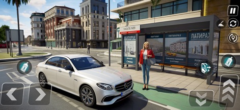 Urban Drive: Car Simulator 3D - Observe the detailed urban environments where a sleek white sedan is parked alongside a bus stop, with a female character present, illustrating the immersive city simulation and detailed street furniture.