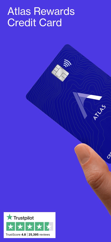 Atlas - Rewards Credit Card - Users can explore the distinctive design of the physical Atlas card and see its high Trustpilot rating of 4.8 from 25,395 reviews.