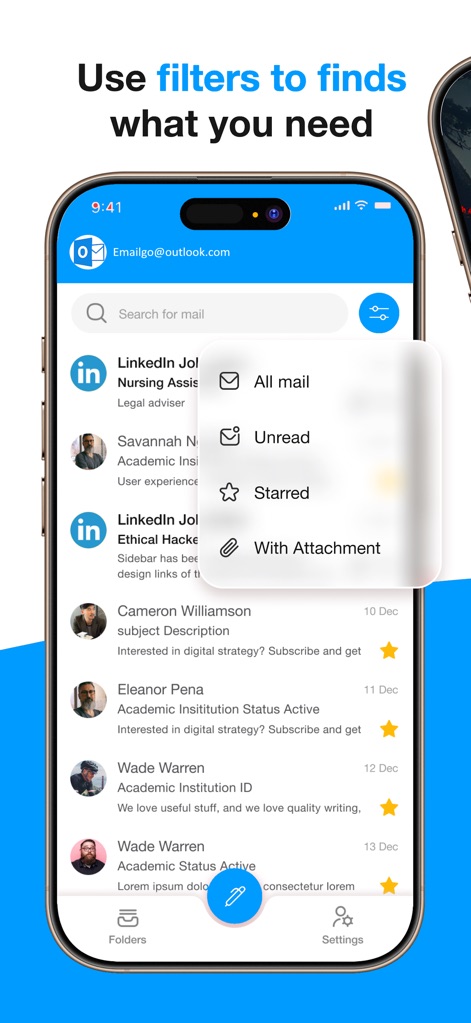 Email for Hotmail, Outlook - A tela da caixa de entrada apresenta uma sobreposição de filtro, mostrando opções como "Não Lidas" e "Com Anexo", ao lado de uma barra de pesquisa no topo.