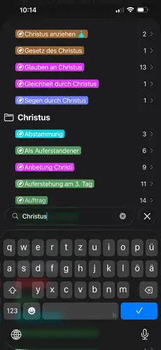 Stichworte und Ordner in der Notiz-Bibel App