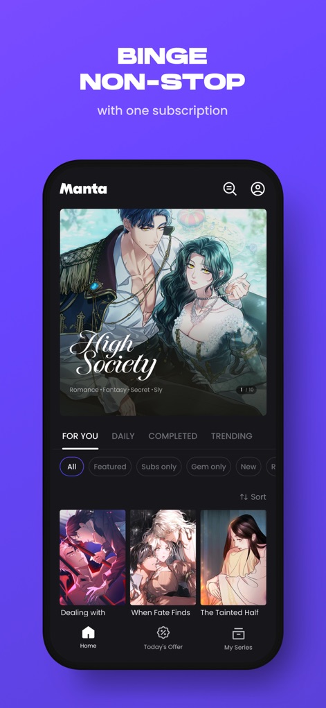 Manta - Manhwa, Comics, Novels - Discover how the app's main feed highlights popular titles like "High Society" and allows users to easily filter content using category tabs such as "Featured" and "Subs only".