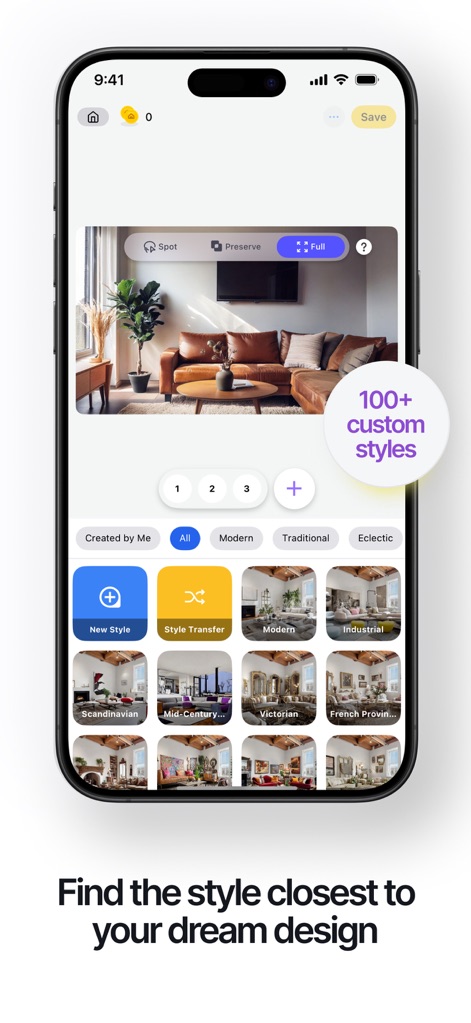 Renovate AI - Home Design - La plateforme offre plus de "100 styles personnalisés" pour l'aménagement intérieur, des options comme "Moderne" aux inspirations "Scandinaves" pour chaque projet.