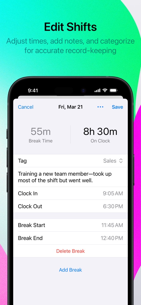 Punch Time Clock - This tool allows precise modification of shift details, including editable clock-in/out times and a customizable tag selector for categorization.