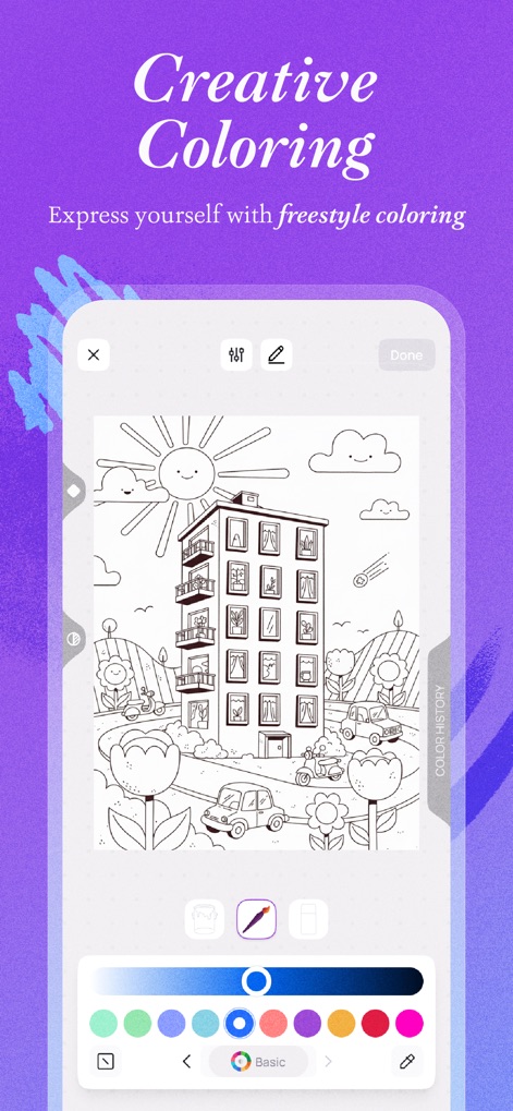 Artsy Artasy - Adult Coloring - O modo de colorir livre permite aos usuários expressar sua criatividade, utilizando ferramentas básicas como o pincel e uma paleta de cores primárias para preencher detalhes com autonomia.