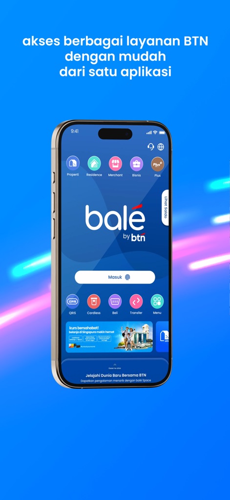 bale by BTN - The app streamlines access to diverse BTN services, showcasing icons for property solutions and quick QRIS payments from a single, intuitive interface.