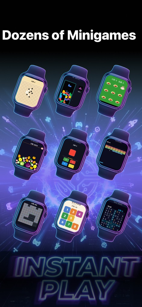 GameHub - Mini Games for Watch - Los usuarios disfrutan de una amplia colección de minijuegos, presentando nueve pantallas diferentes del Apple Watch y sus variadas mecánicas.