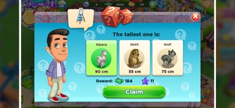 Zoo Craft - Animal Park Tycoon - Spieler können ihr Wissen in interaktiven Quizspielen testen, wie der Frage nach der Größe von Tieren, und erhalten dabei attraktive Belohnungen für korrekte Antworten.