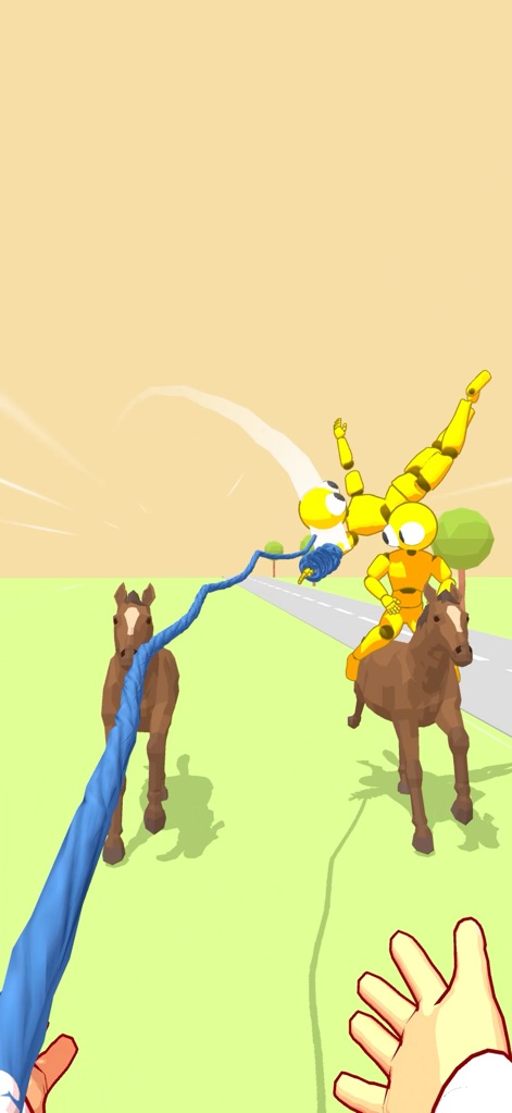 Ragdoll Capture - Experience the unique lasso mechanics as users attempt to capture yellow ragdolls riding horses in an expansive outdoor environment.