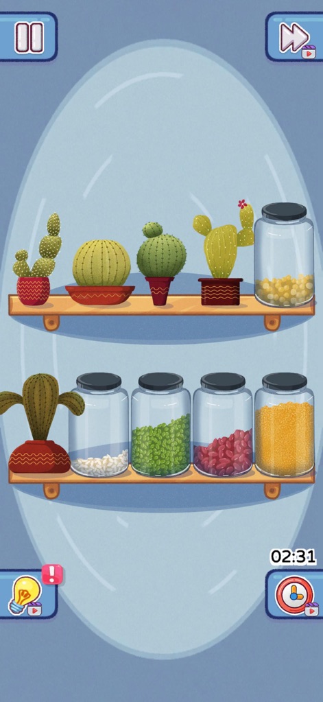 Perfect Satisfy: Organize Game - The app showcases perfectly arranged kitchen shelves featuring potted cacti and colorful ingredient jars for a visually pleasing setup.