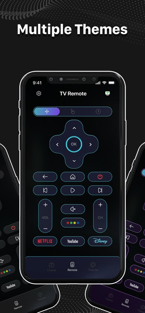 Remote Control - All TV - La aplicación ofrece una interfaz de control remoto con botones de navegación intuitivos y accesos directos a plataformas como Netflix, permitiendo a los usuarios personalizar el aspecto visual con diversos temas.